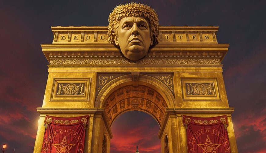 Satirische Illustration: Ein gigantischer goldener Triumphbogen in Washington D.C., überzogen mit Bannrunen. Oben thront ein lorbeerbekränztes Gesicht, grotesk überhöht. Rote Fahnen mit okkulten Symbolen hängen herab, während eine Menge in Richtung Capitol marschiert.