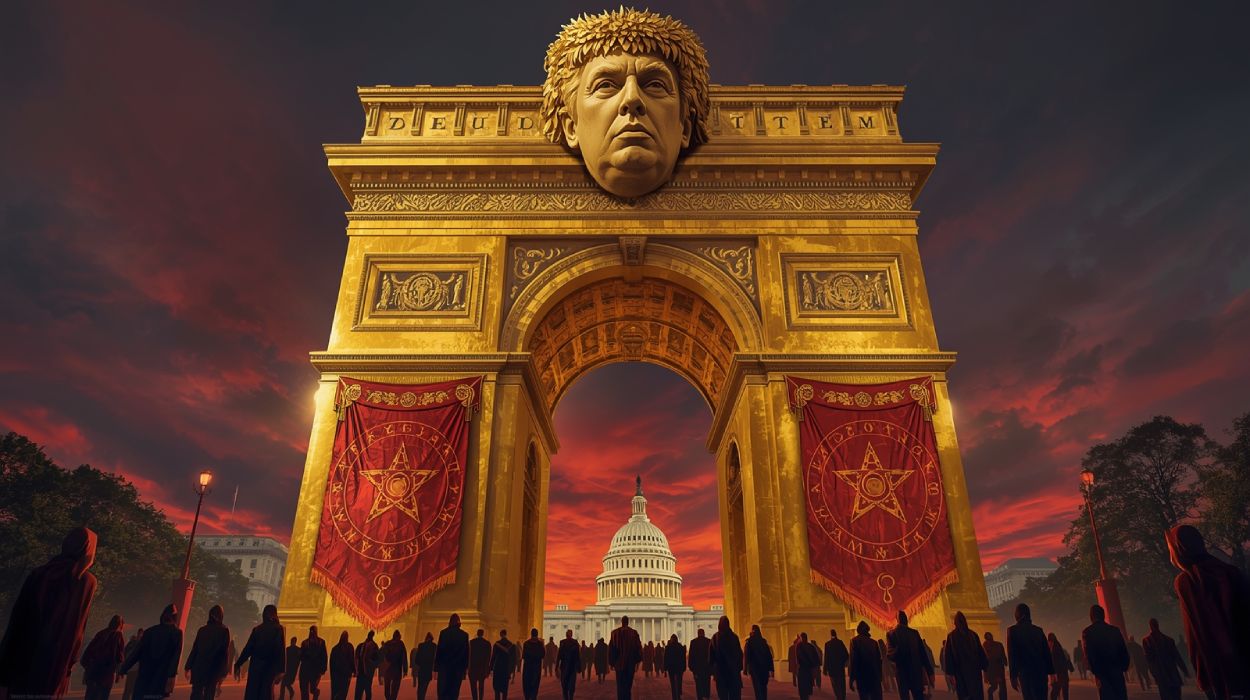 Satirische Illustration: Ein gigantischer goldener Triumphbogen in Washington D.C., überzogen mit Bannrunen. Oben thront ein lorbeerbekränztes Gesicht, grotesk überhöht. Rote Fahnen mit okkulten Symbolen hängen herab, während eine Menge in Richtung Capitol marschiert.