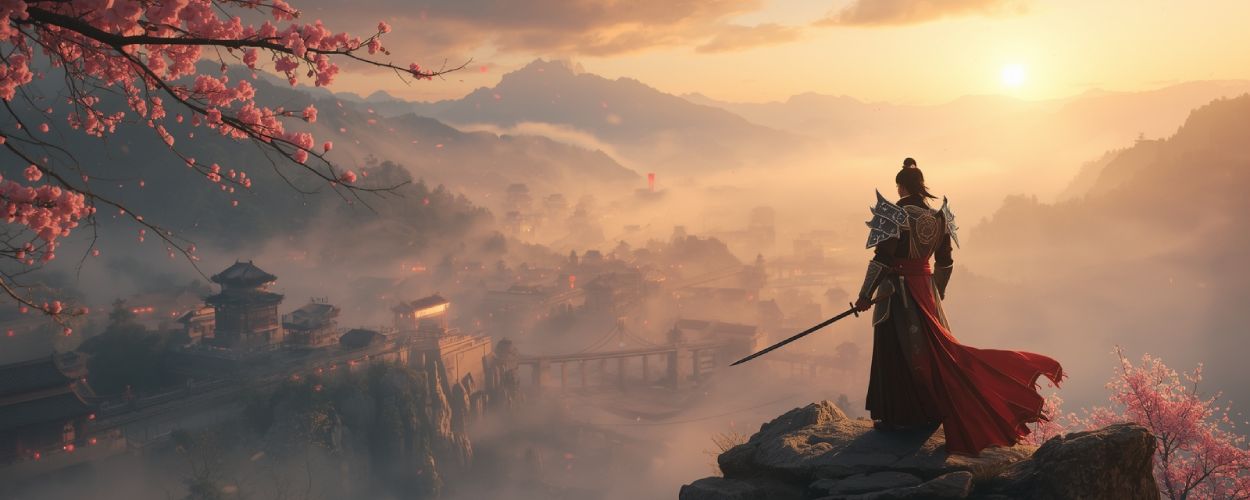 Ein einsamer Wuxia-Schwertkämpfer blickt im Morgenlicht auf eine von Nebel umhüllte fernöstliche Stadt voller Pagoden und Kirschblüten.