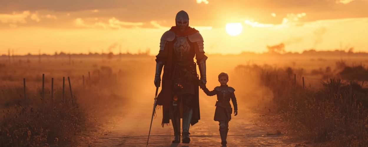 Ein Ritter in voller Rüstung und sein kleiner Knappe wandern durch Westeros – Symbol für den intimen Ton der neuen Serie A Knight of the Seven Kingdoms.