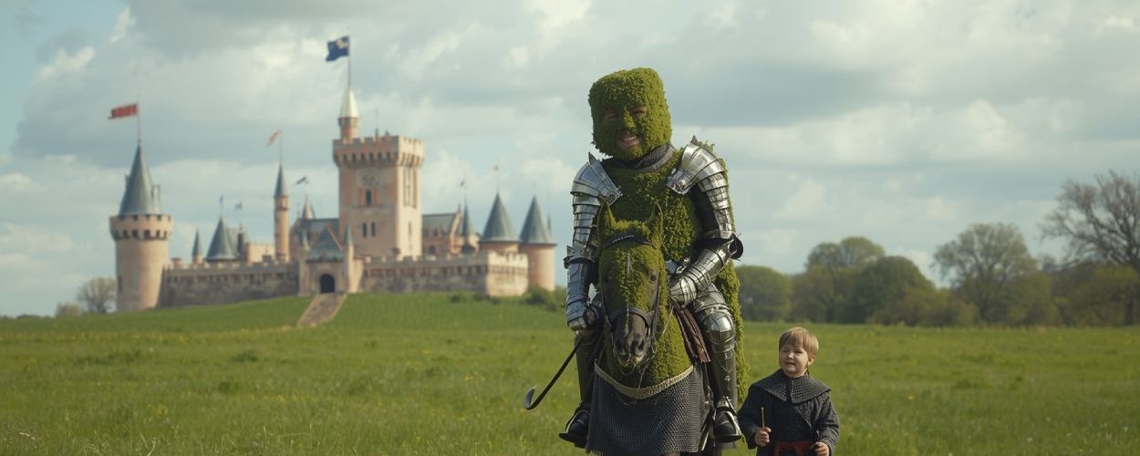 Ein Ritter in glänzender, mit Gras bewachsener Rüstung reitet auf einem Pferd über eine grüne Wiese, neben ihm läuft ein kleiner Knappe, im Hintergrund ein pastellfarbenes Märchenschloss – eine satirisch-heitere Westeros-Szene.