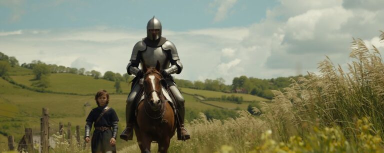 Ein Ritter in glänzender Rüstung reitet friedlich neben einem Knappen durch eine sonnige Wiesenlandschaft – mehr Urlaubsprospekt als Westeros.
