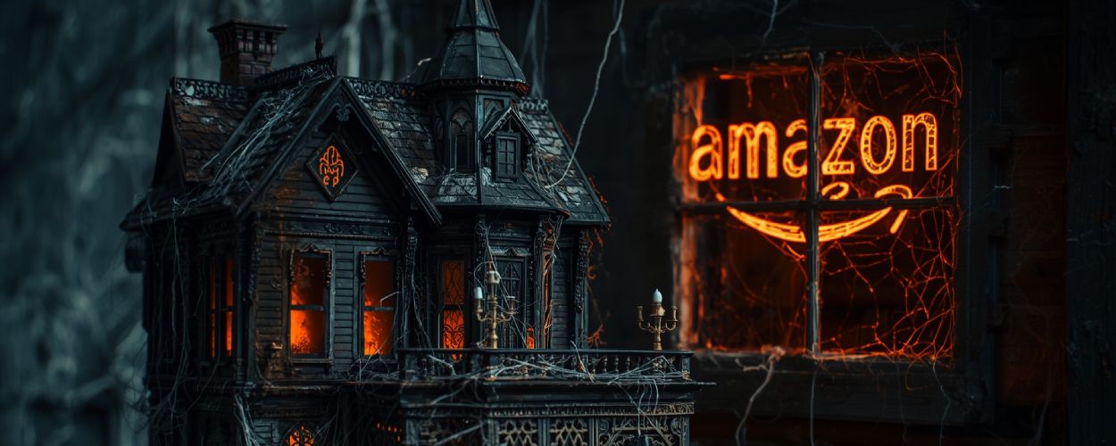 Ein düsteres Puppenhaus im Gothic-Stil mit Spinnweben, während draußen ein leuchtendes Amazon-Logo durch das Fenster scheint.