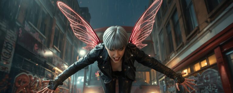 Rebellische Fee mit silbernem Kurzhaarschnitt und glühenden Flügeln stürzt in einer nächtlichen Londoner Straße vor einem roten Doppeldeckerbus herab, Neonlicht und Graffiti verstärken die urbane Märchenatmosphäre.