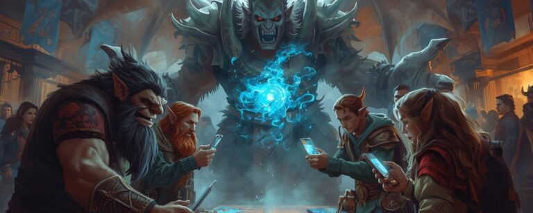 Eine Gruppe aus Fantasyhelden spielt ein QR-unterstütztes Brettspiel gegen einen digitalen Boss – Szene vom Pegasus-Spiel Boss Fighters QR auf der SPIEL 2025.