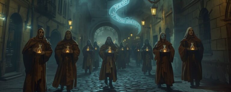 Verhüllte Gestalten schreiten mit Sanduhren durch das nächtliche Bratislava, während ein geisterhafter Bürokrat über ihnen schwebt – Sinnbild des Rituals der stillen Schritte.