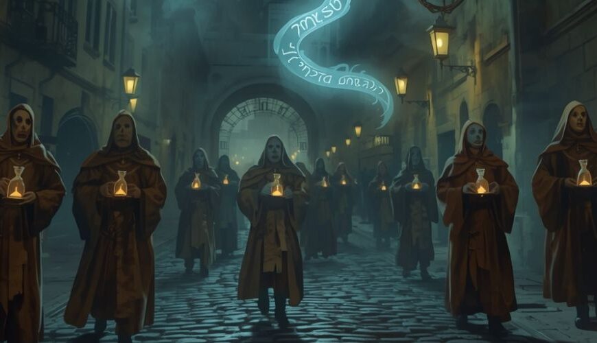 Verhüllte Gestalten schreiten mit Sanduhren durch das nächtliche Bratislava, während ein geisterhafter Bürokrat über ihnen schwebt – Sinnbild des Rituals der stillen Schritte.