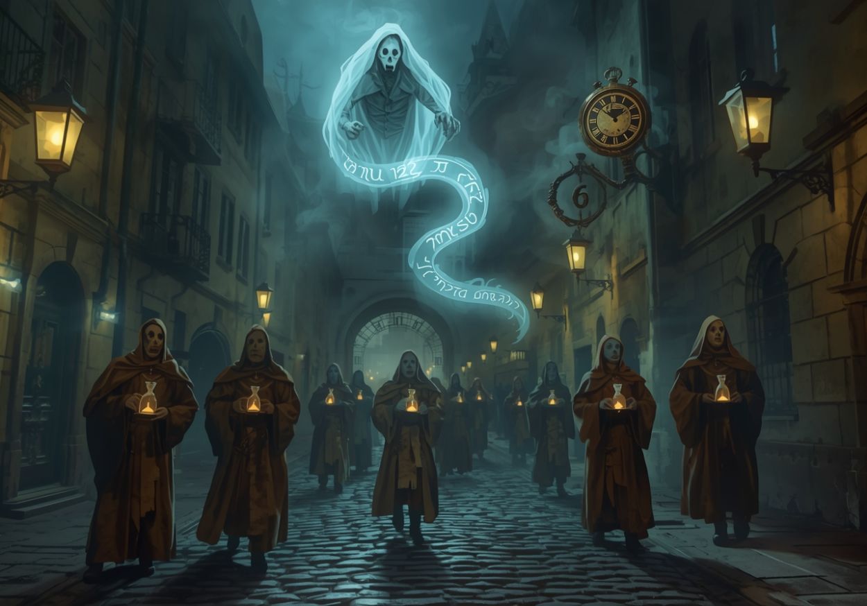 Verhüllte Gestalten schreiten mit Sanduhren durch das nächtliche Bratislava, während ein geisterhafter Bürokrat über ihnen schwebt – Sinnbild des Rituals der stillen Schritte.