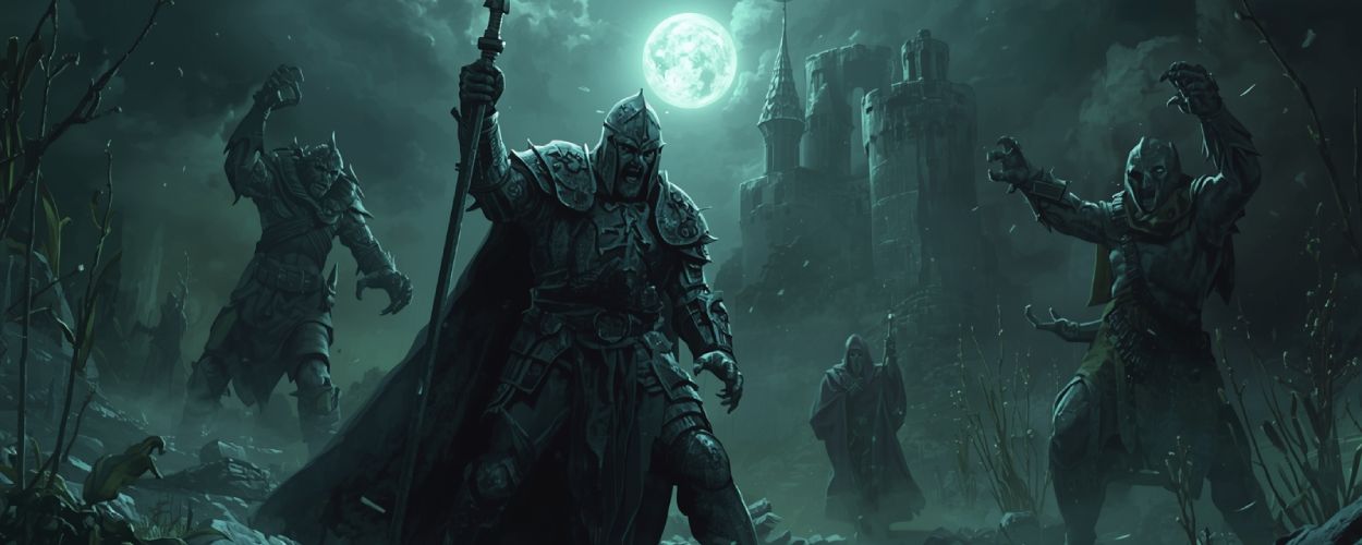 Ein verfluchter Steinritter erhebt im Mondlicht seine Lanze, während um ihn herum düstere Kreaturen und ein Hexer vor den Ruinen einer Burg lauern.