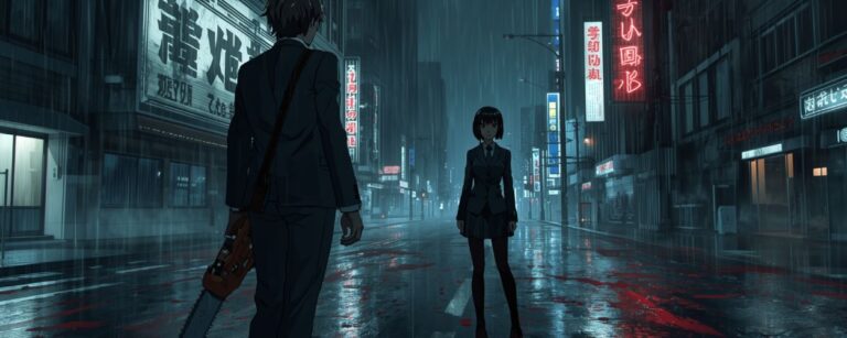 Zwei Figuren stehen sich auf einer regennassen Straße im Neonlicht Tokyos gegenüber. Der Mann trägt eine Kettensäge, die Frau blickt ihm ruhig entgegen, ein Moment vor dem Sturm.