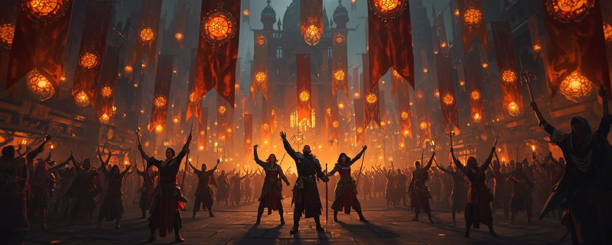 eierliche Szene in einer düsteren Stadt: Abenteurer jubeln unter Bannern und leuchtenden Laternen – Symbol für den Erfolg und das Gratis-Update von Clair Obscur Expedition 33.