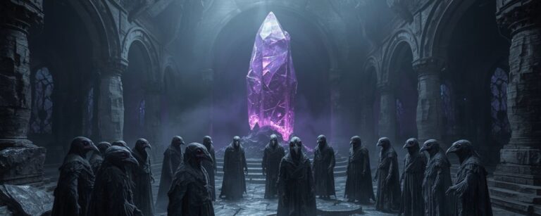 Eine Versammlung der Skeksis in einer düsteren Halle vor dem leuchtenden Dunklen Kristall – bedrohlich und mystisch zugleich.
