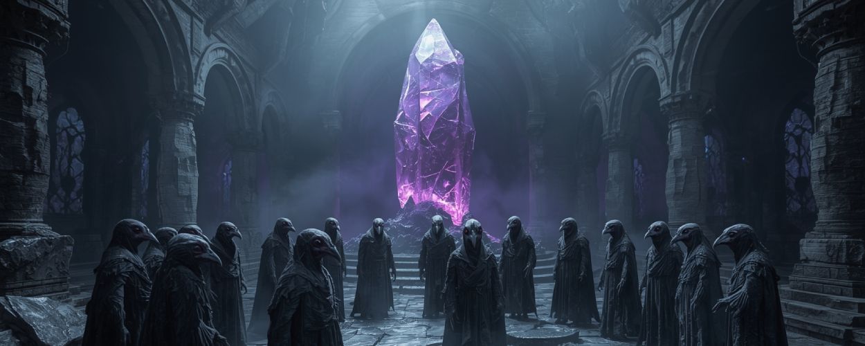 Eine Versammlung der Skeksis in einer düsteren Halle vor dem leuchtenden Dunklen Kristall – bedrohlich und mystisch zugleich.