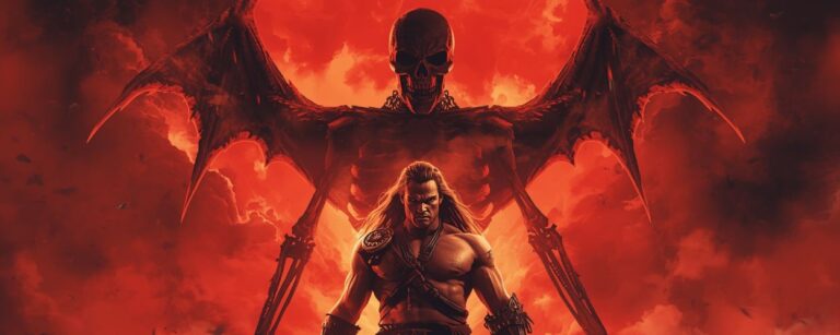 Ein Barbar mit Schwert steht vor einem geflügelten Skelett in rotem Feuernebel – ikonisches Motiv des Fantasy-Remakes Deathstalker 2025.