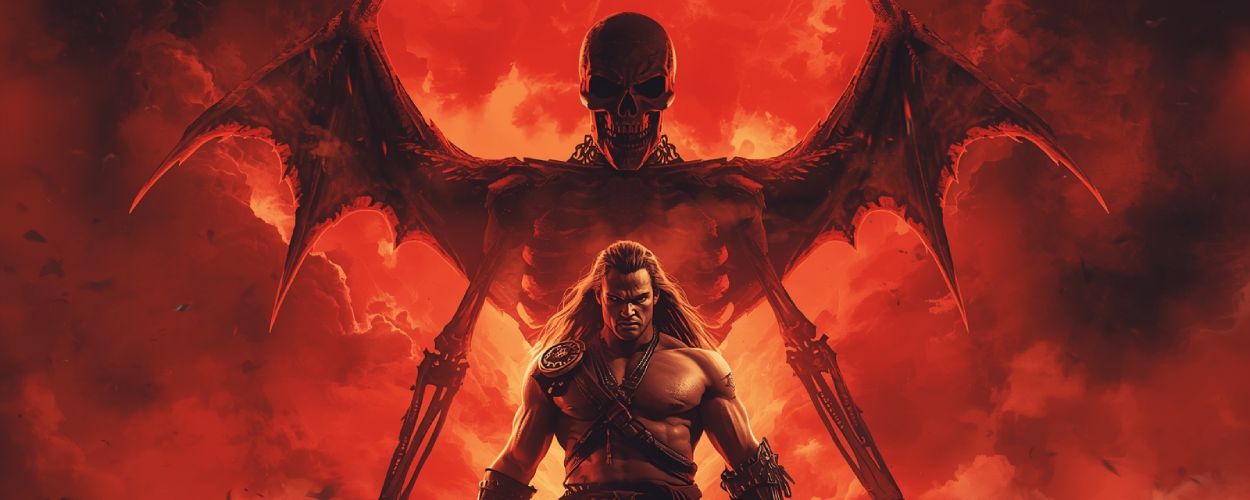 Ein Barbar mit Schwert steht vor einem geflügelten Skelett in rotem Feuernebel – ikonisches Motiv des Fantasy-Remakes Deathstalker 2025.