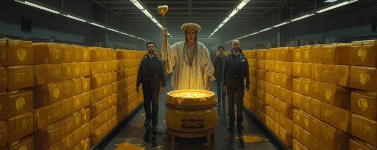 Ein satirisches Digitalgemälde zeigt einen uralten Milchpriester mit goldener Kelle und Butterblumenkrone in einem Supermarktgang voller leuchtender Butterblöcke. Vor ihm steht ein überlaufender Kessel aus goldenem Fett, begleitet von schweigend starrenden Supermarktmitarbeitern.