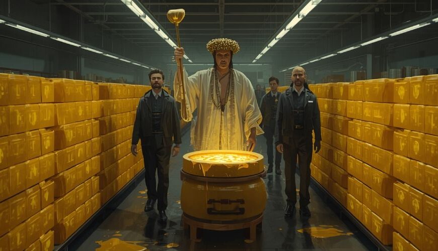 Ein satirisches Digitalgemälde zeigt einen uralten Milchpriester mit goldener Kelle und Butterblumenkrone in einem Supermarktgang voller leuchtender Butterblöcke. Vor ihm steht ein überlaufender Kessel aus goldenem Fett, begleitet von schweigend starrenden Supermarktmitarbeitern.