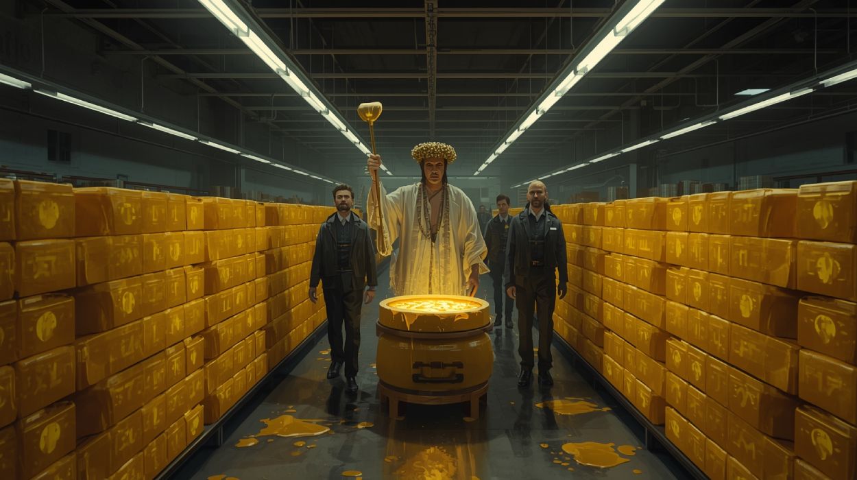 Ein satirisches Digitalgemälde zeigt einen uralten Milchpriester mit goldener Kelle und Butterblumenkrone in einem Supermarktgang voller leuchtender Butterblöcke. Vor ihm steht ein überlaufender Kessel aus goldenem Fett, begleitet von schweigend starrenden Supermarktmitarbeitern.