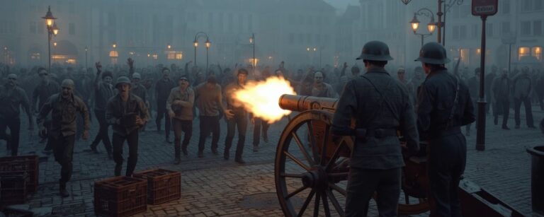 Auf einem nebligen Marktplatz in Remscheid steht ein altes bronzenes Feldgeschütz aus dem Dreißigjährigen Krieg, das von zwei Männern in Jogginghosen und Stahlhelmen abgefeuert wird. Die Kanone schießt einen gleißenden Feuerstrahl in eine heranstürmende Horde Zombies. Um sie herum leuchten Straßenlaternen im Dunst.