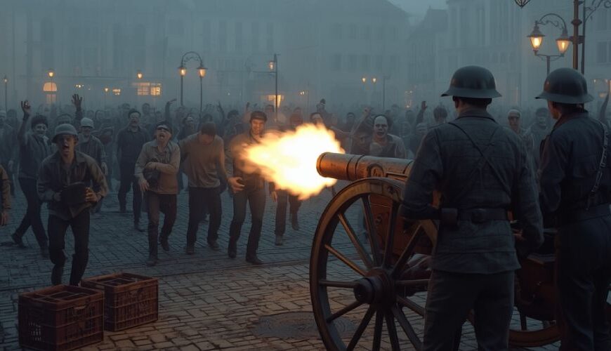 Auf einem nebligen Marktplatz in Remscheid steht ein altes bronzenes Feldgeschütz aus dem Dreißigjährigen Krieg, das von zwei Männern in Jogginghosen und Stahlhelmen abgefeuert wird. Die Kanone schießt einen gleißenden Feuerstrahl in eine heranstürmende Horde Zombies. Um sie herum leuchten Straßenlaternen im Dunst.