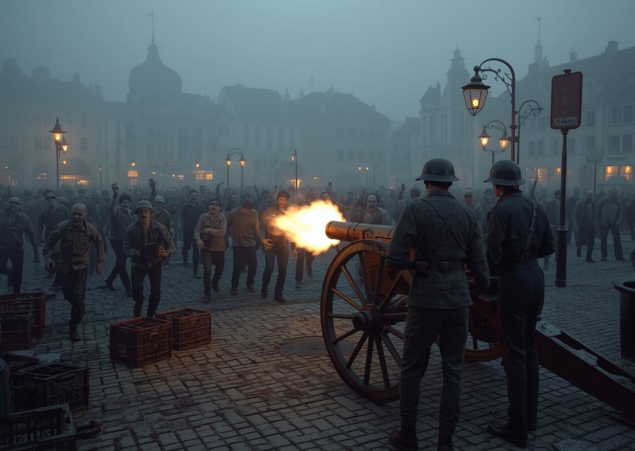 Auf einem nebligen Marktplatz in Remscheid steht ein altes bronzenes Feldgeschütz aus dem Dreißigjährigen Krieg, das von zwei Männern in Jogginghosen und Stahlhelmen abgefeuert wird. Die Kanone schießt einen gleißenden Feuerstrahl in eine heranstürmende Horde Zombies. Um sie herum leuchten Straßenlaternen im Dunst.