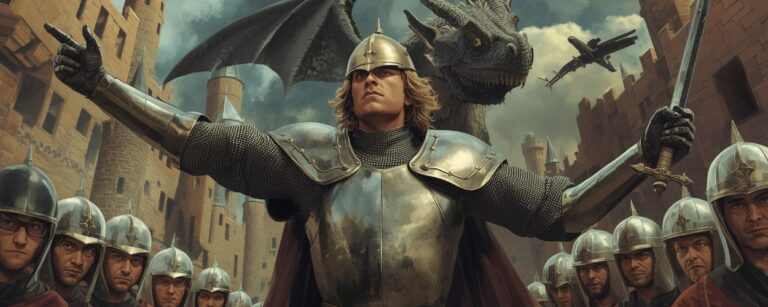 Ein pseudo-heroischer Ritter hebt triumphierend die Arme, während hinter ihm ein billig wirkender Drache über bröckelnden Kulissen schwebt, umgeben von verwirrten Statisten in glänzenden Helmen.
