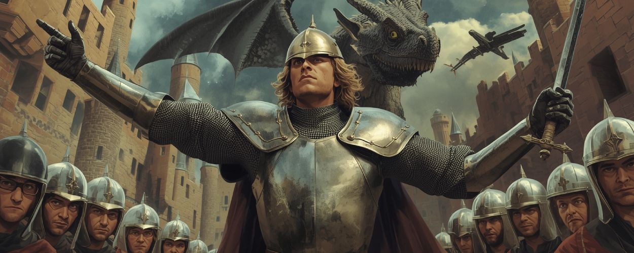 Ein pseudo-heroischer Ritter hebt triumphierend die Arme, während hinter ihm ein billig wirkender Drache über bröckelnden Kulissen schwebt, umgeben von verwirrten Statisten in glänzenden Helmen.