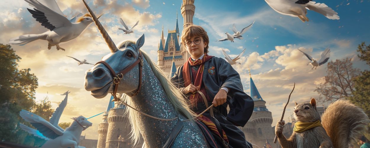 Ein Junge im Zaubererschüler Kostüm reitet vor dem Disney Schloss auf einem glitzernden Einhorn, während fliegende Pferde und ein zauberndes Eichhörnchen die Szene begleiten.