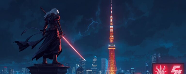 Sephiroth steht mit gezücktem Katana auf einem Hochhausdach in Tokio und blickt auf den erleuchteten Tokyo Tower – offizieller Teaser zu Dissidia Final Fantasy Mobile.