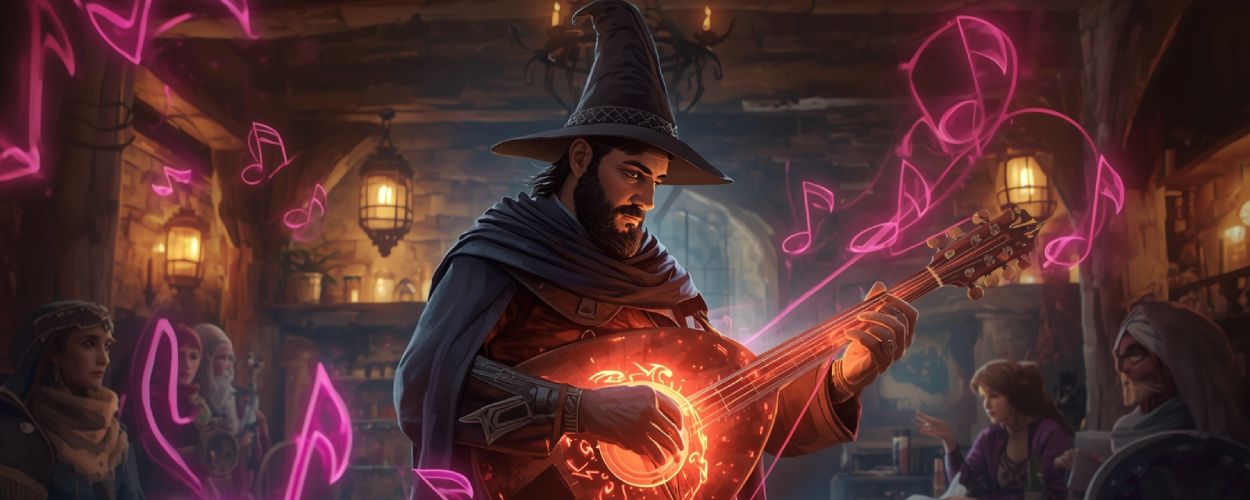 Ein Barde mit Zauberlaute spielt in einer Taverne, während leuchtende Noten durch die Luft schweben – Symbolbild für die Playlist of Holding von Dungeons & Dragons.