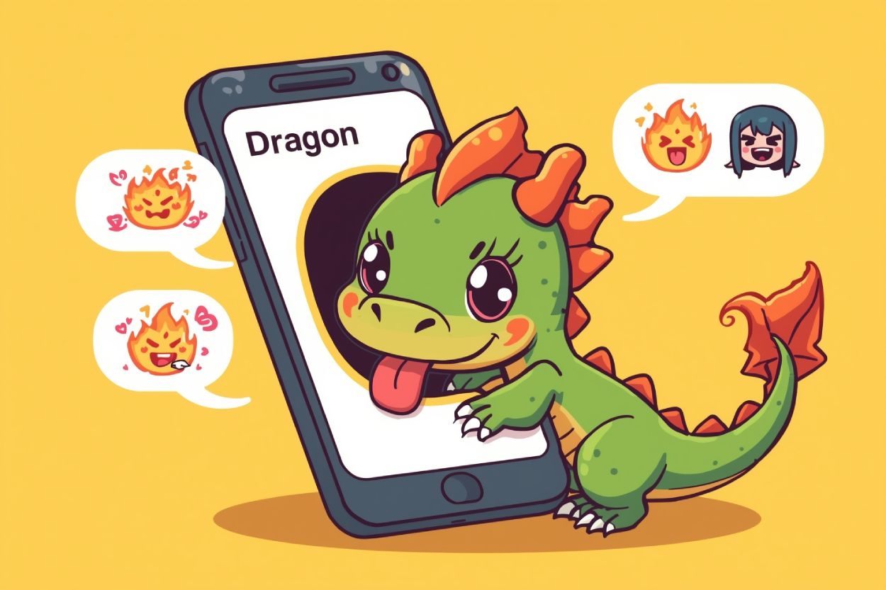 Ein niedlicher Cartoon-Drache schmiegt sich an ein Smartphone und verschickt lachende Flammen-Emojis – die Meme-Version des Drachen im digitalen Zeitalter.