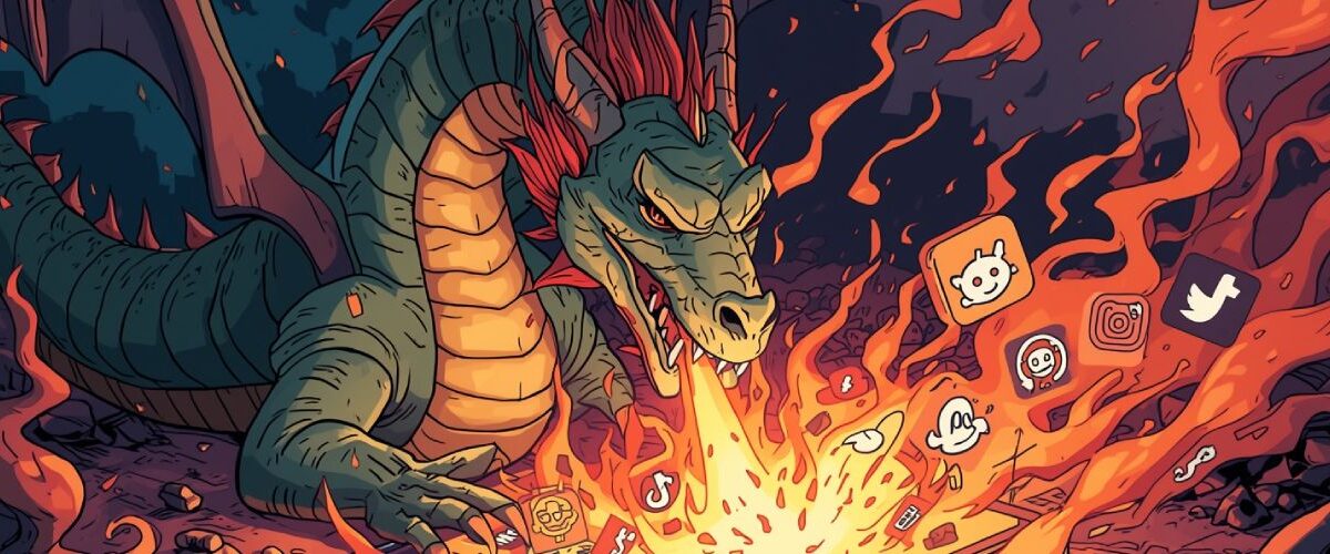 Ein riesiger Drache speit Feuer auf ein Smartphone, aus dem Social-Media-Logos in Flammen aufsteigen – Sinnbild für den digitalen Drachen im Internetzeitalter.