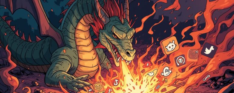 Ein riesiger Drache speit Feuer auf ein Smartphone, aus dem Social-Media-Logos in Flammen aufsteigen – Sinnbild für den digitalen Drachen im Internetzeitalter.