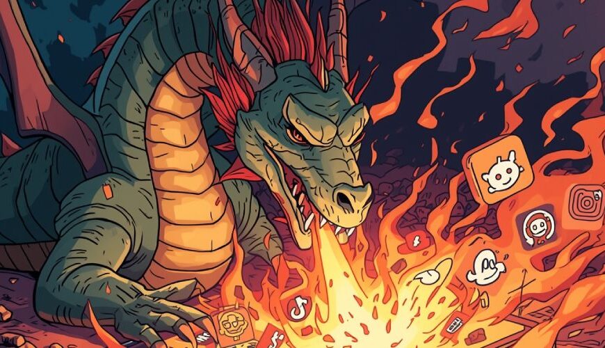 Ein riesiger Drache speit Feuer auf ein Smartphone, aus dem Social-Media-Logos in Flammen aufsteigen – Sinnbild für den digitalen Drachen im Internetzeitalter.