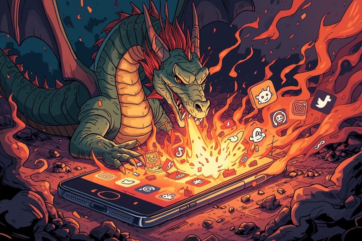 EEin riesiger Drache speit Feuer auf ein Smartphone, aus dem Social-Media-Logos in Flammen aufsteigen – Sinnbild für den digitalen Drachen im Internetzeitalter.