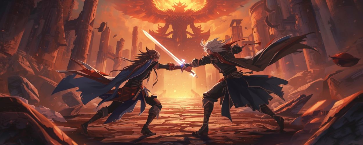 Zwei Krieger mit leuchtenden Klingen stehen einander in einer brennenden Ruinenstadt gegenüber, während ein riesiges dämonisches Wesen im Hintergrund aufragt.