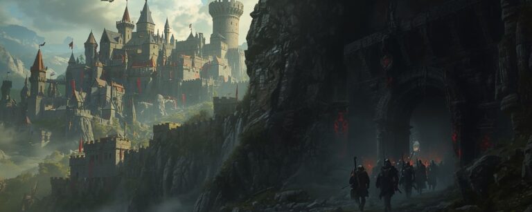 Eine Gruppe Abenteurer marschiert in einen dunklen Dungeon, während im Hintergrund ein mächtiges Königreich im Morgenlicht thront – Szene aus Dungeons & Kingdoms.