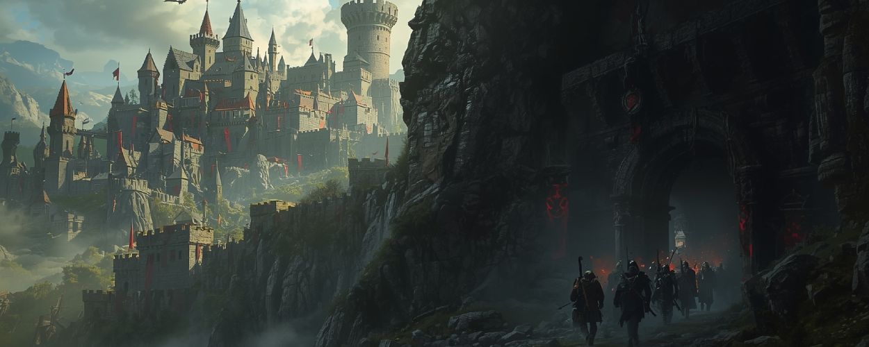 Eine Gruppe Abenteurer marschiert in einen dunklen Dungeon, während im Hintergrund ein mächtiges Königreich im Morgenlicht thront – Szene aus Dungeons & Kingdoms.