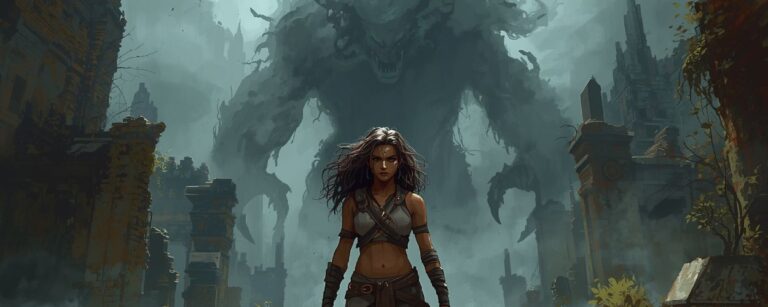 Eine junge Kriegerin steht in einer zerfallenen Stadt, während eine riesige schwarze Bestie aus Nebel hinter ihr aufragt.