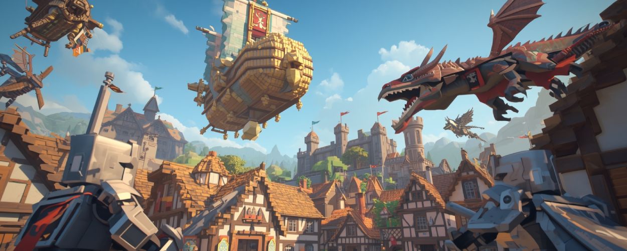 Eine bunte voxelartige Fantasy-Stadt mit Drachen, Luftschiffen und gepanzerten Rittern – Szene aus dem RPG Everwind.