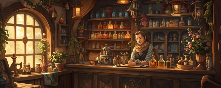 Eine gemütliche Fantasy-Ladenstube voller Tränke, Pflanzen und Zauberfläschchen – Szene aus Faire Trade.