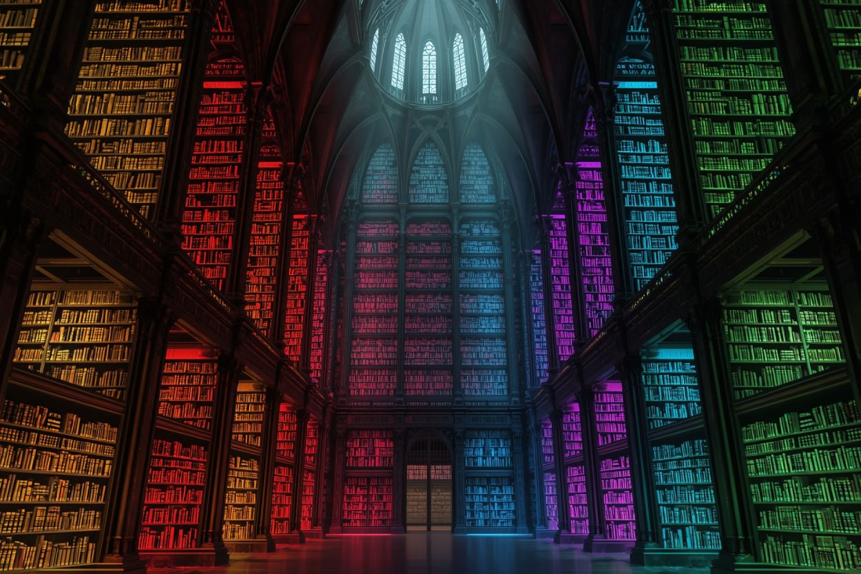 Eine monumentale Bibliothek mit farbig leuchtenden Regalen – jede Farbe steht für ein Subgenre der Fantasy, geordnet wie in einer Kathedrale des Wissens