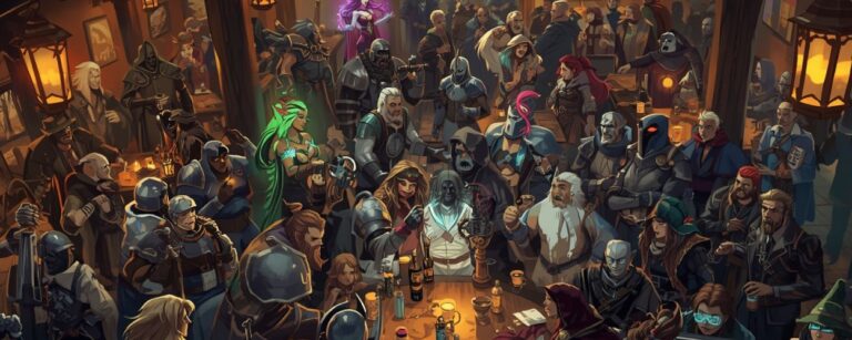 Eine überfüllte Fantasy-Taverne voller Gestalten: Ritter, Elfen, Magier, Schurken und Gamer mit Neonbrillen drängen sich durcheinander – Sinnbild für die Vielfalt der Subgenres.