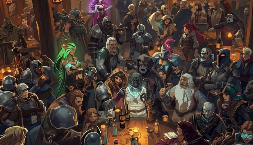 Eine überfüllte Fantasy-Taverne voller Gestalten: Ritter, Elfen, Magier, Schurken und Gamer mit Neonbrillen drängen sich durcheinander – Sinnbild für die Vielfalt der Subgenres.