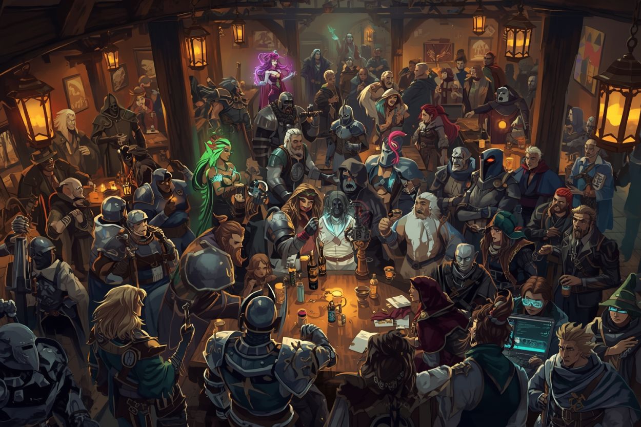 Monumentale Tore werden von einem gleißenden Blitz geteilt, während verschiedene Wege in unterschiedliche Fantasywelten führen – Sinnbild für die Frage: Was ist Fantasy?