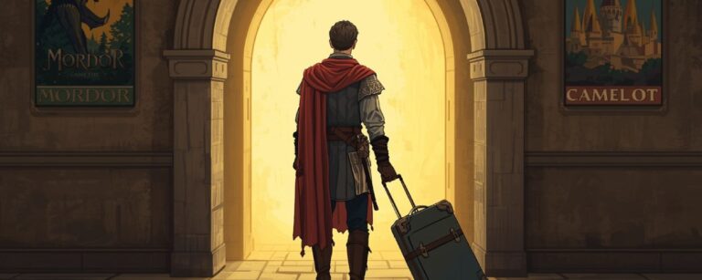 Ein Fantasy-Held mit Rollkoffer vor einem Tor in eine andere Welt – Sinnbild für Campbells Heldenreise als Pauschalurlaub.