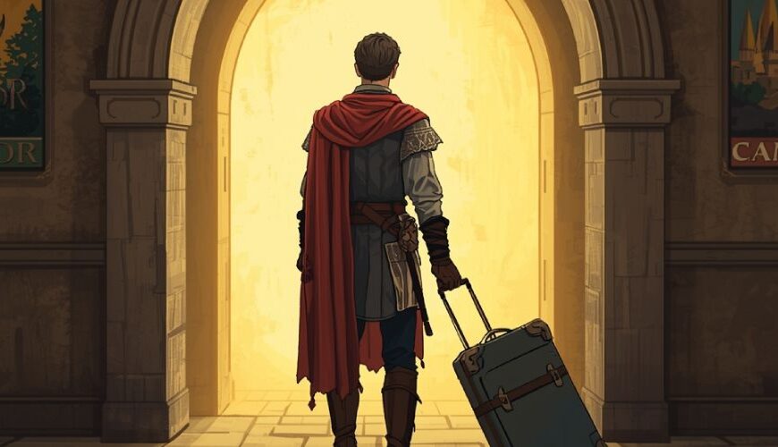 Ein Fantasy-Held mit Rollkoffer vor einem Tor in eine andere Welt – Sinnbild für Campbells Heldenreise als Pauschalurlaub.