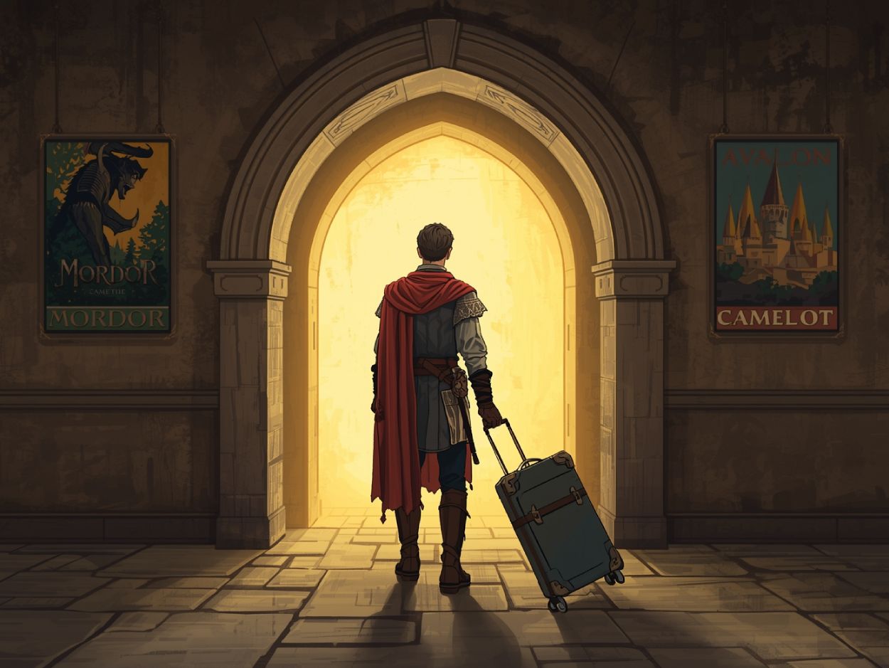Ein Fantasy-Held mit Rollkoffer vor einem Tor in eine andere Welt – Sinnbild für Campbells Heldenreise als Pauschalurlaub.
