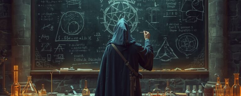 Ein Zauberer wiegt leuchtende Zutaten ab und studiert Formeln – Sinnbild für Hard Magic als streng geregelte Systemküche.