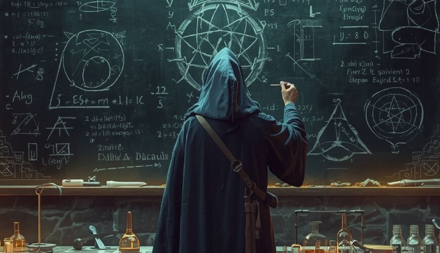 Ein Zauberer wiegt leuchtende Zutaten ab und studiert Formeln – Sinnbild für Hard Magic als streng geregelte Systemküche.